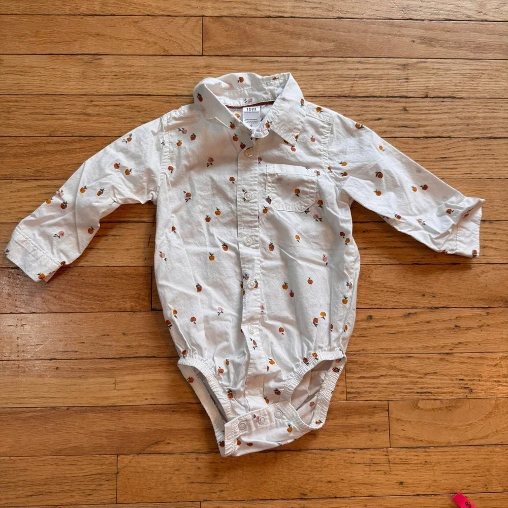 Carters 18M White Peach Fruit Print Long Sleeve Button Down Shirt Bodysuit‎